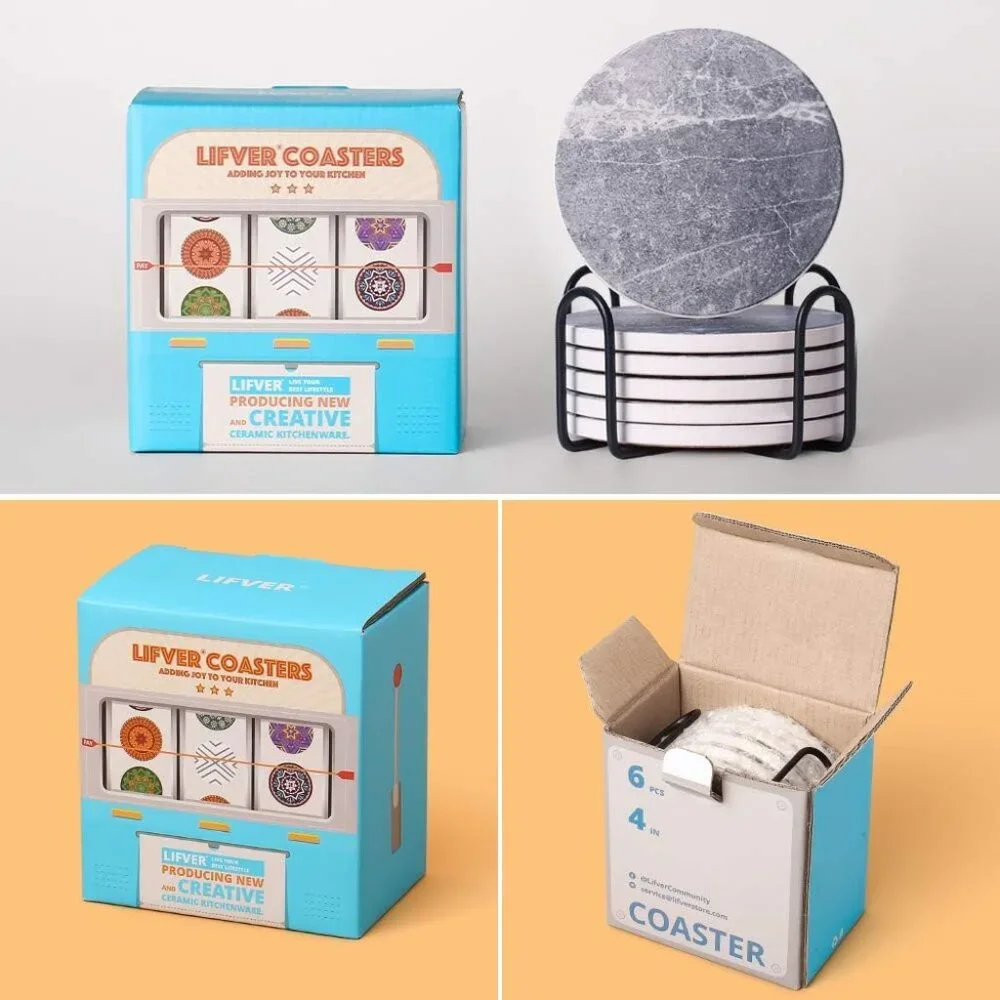 Coasters for Drinks Absorbent, Living Room Decor, Ceramic Coasters Set of 6 with
